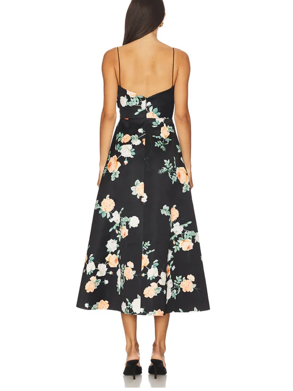 Sau Lee Black Floral Spaghetti Strap Midi Dress